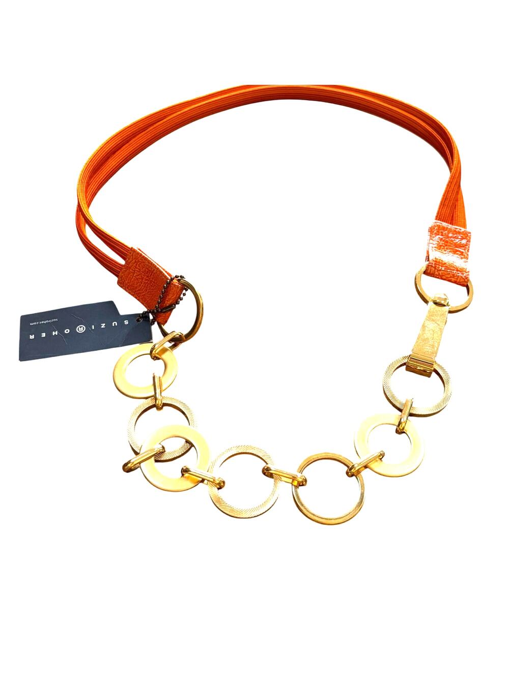 Suzi Roher NWT orange double band stretch belt chunky gold hoops chain Size XL